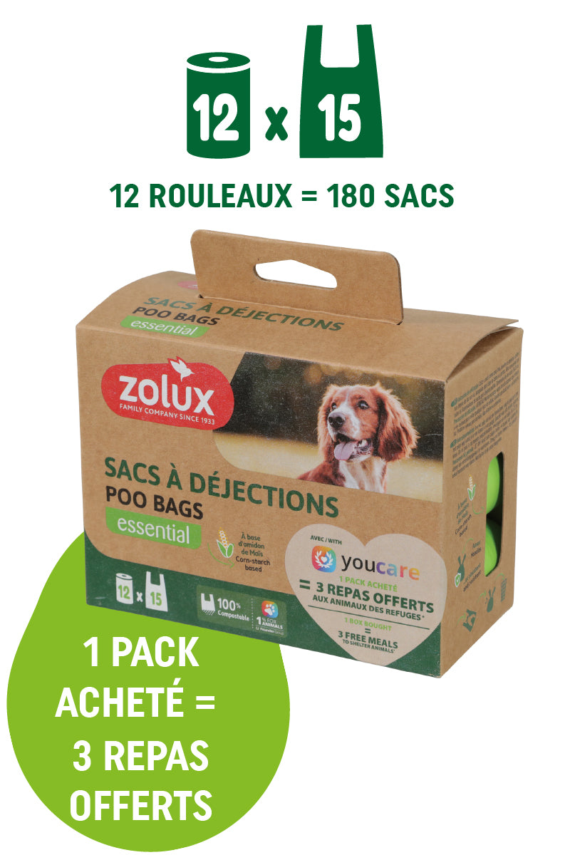 Sacs à déjections compostables chien Zolux X YouCare – Grand pack 12 rouleaux