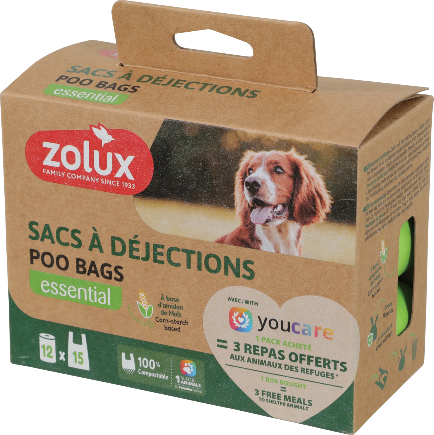 Sacs à déjections compostables chien Zolux X YouCare – Grand pack 12 rouleaux