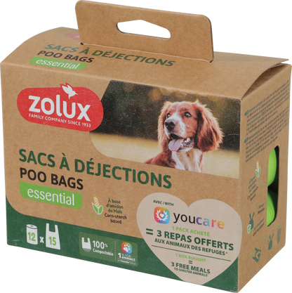 Sacs à déjections compostables chien Zolux X YouCare – Grand pack 12 rouleaux